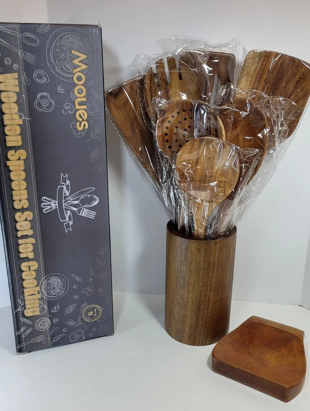 9 Piece Teak WOODEN SPOONS Set Kitchen Utensil w/ Spoon Rest & Holder NIB NEW